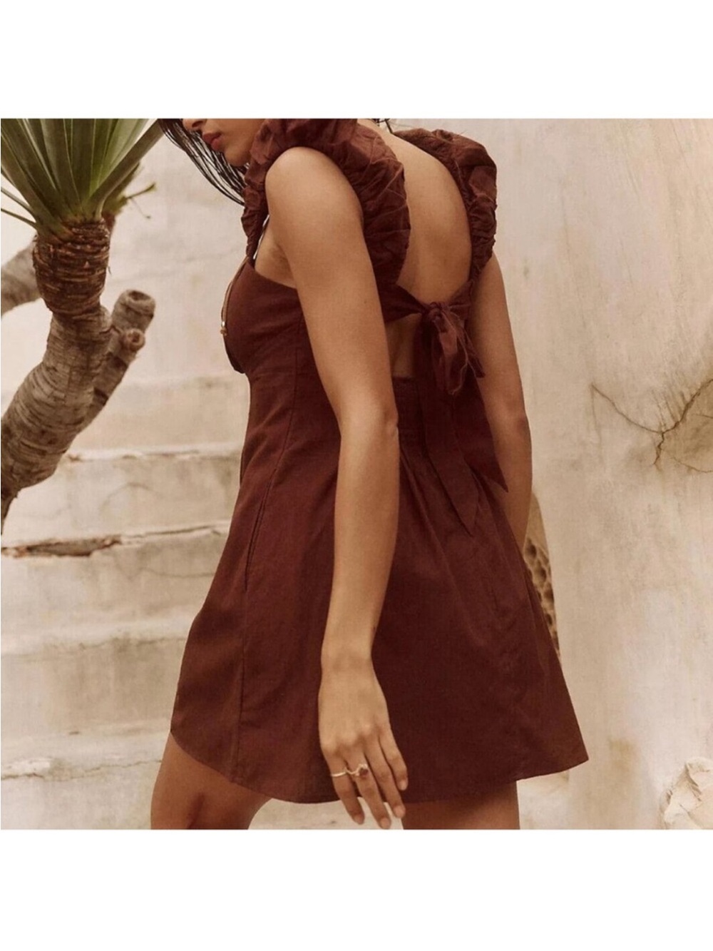 Free People “FREE-EST” BOM BOM ISLAND Brown Cutout Sundress with Ruched Bust - Picture 3 of 11